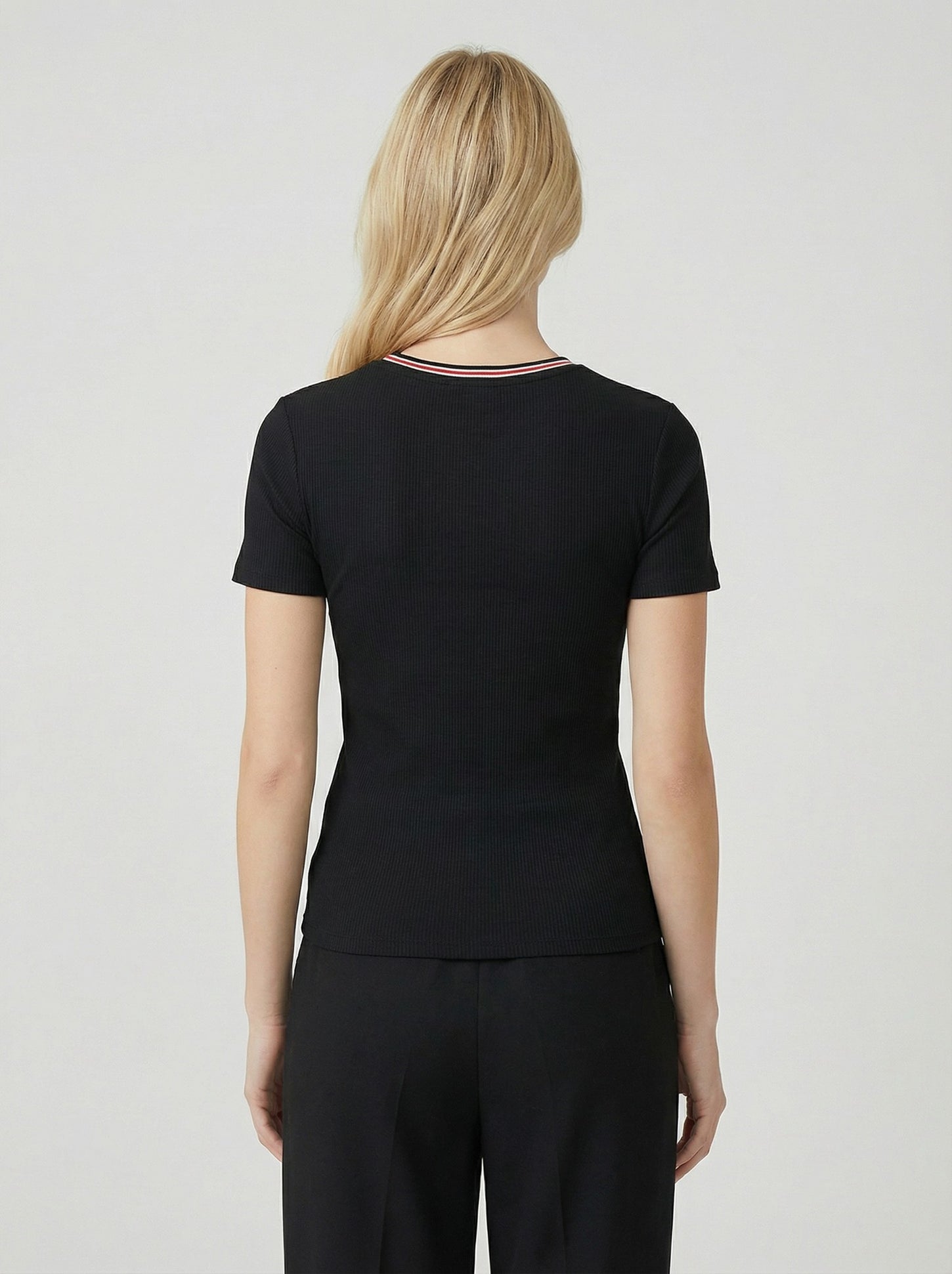 Black Ribbed Crewneck Tee With Contrast Trim