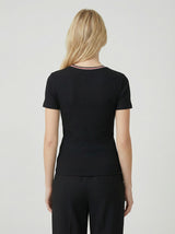Black Ribbed Crewneck Tee With Contrast Trim