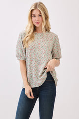 Taupe Ribbed Ditsy Floral Puff Sleeve Top