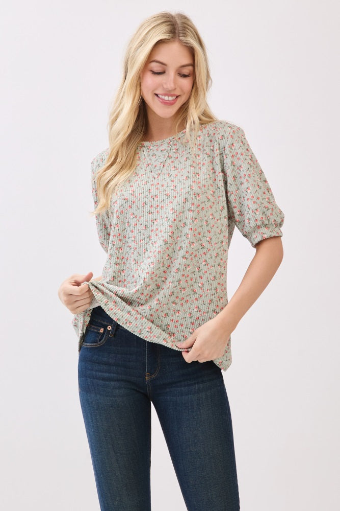 Taupe Ribbed Ditsy Floral Puff Sleeve Top