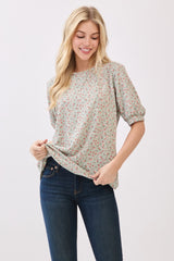 Taupe Ribbed Ditsy Floral Puff Sleeve Top