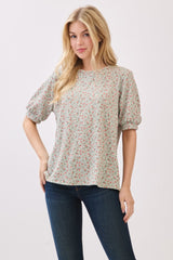 Taupe Ribbed Ditsy Floral Puff Sleeve Top