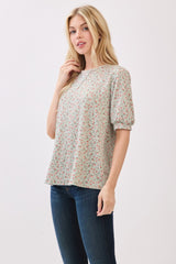Taupe Ribbed Ditsy Floral Puff Sleeve Top