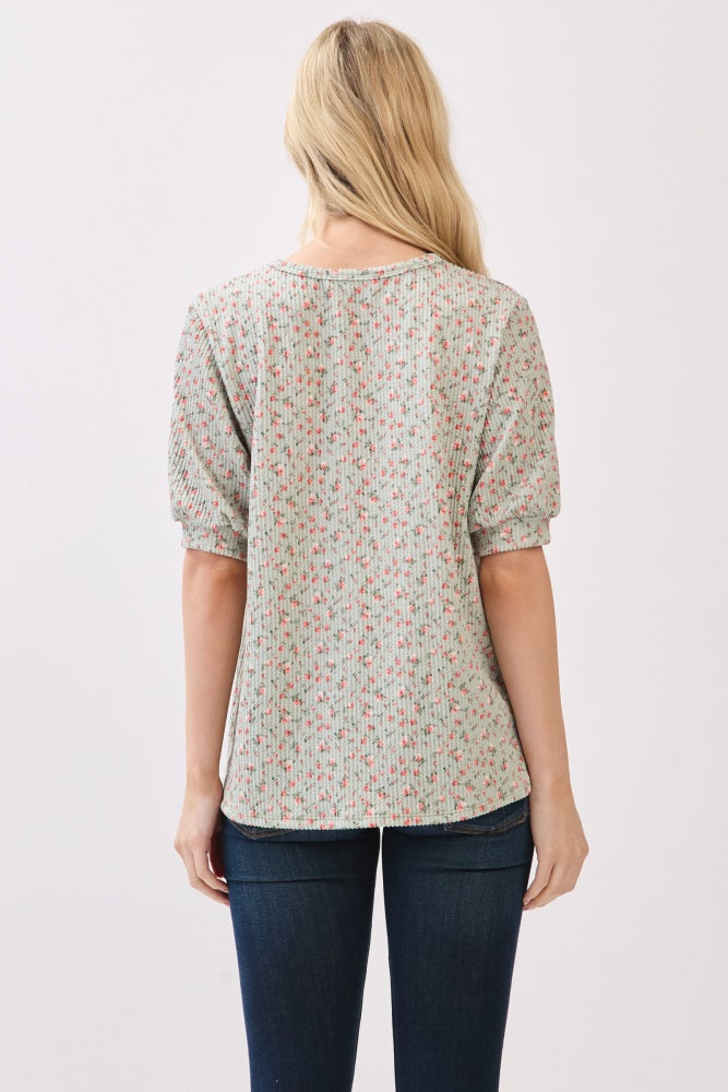 Taupe Ribbed Ditsy Floral Puff Sleeve Top
