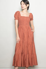 Mauve Tiny Floral Smocked Puff Sleeve Maxi Dress