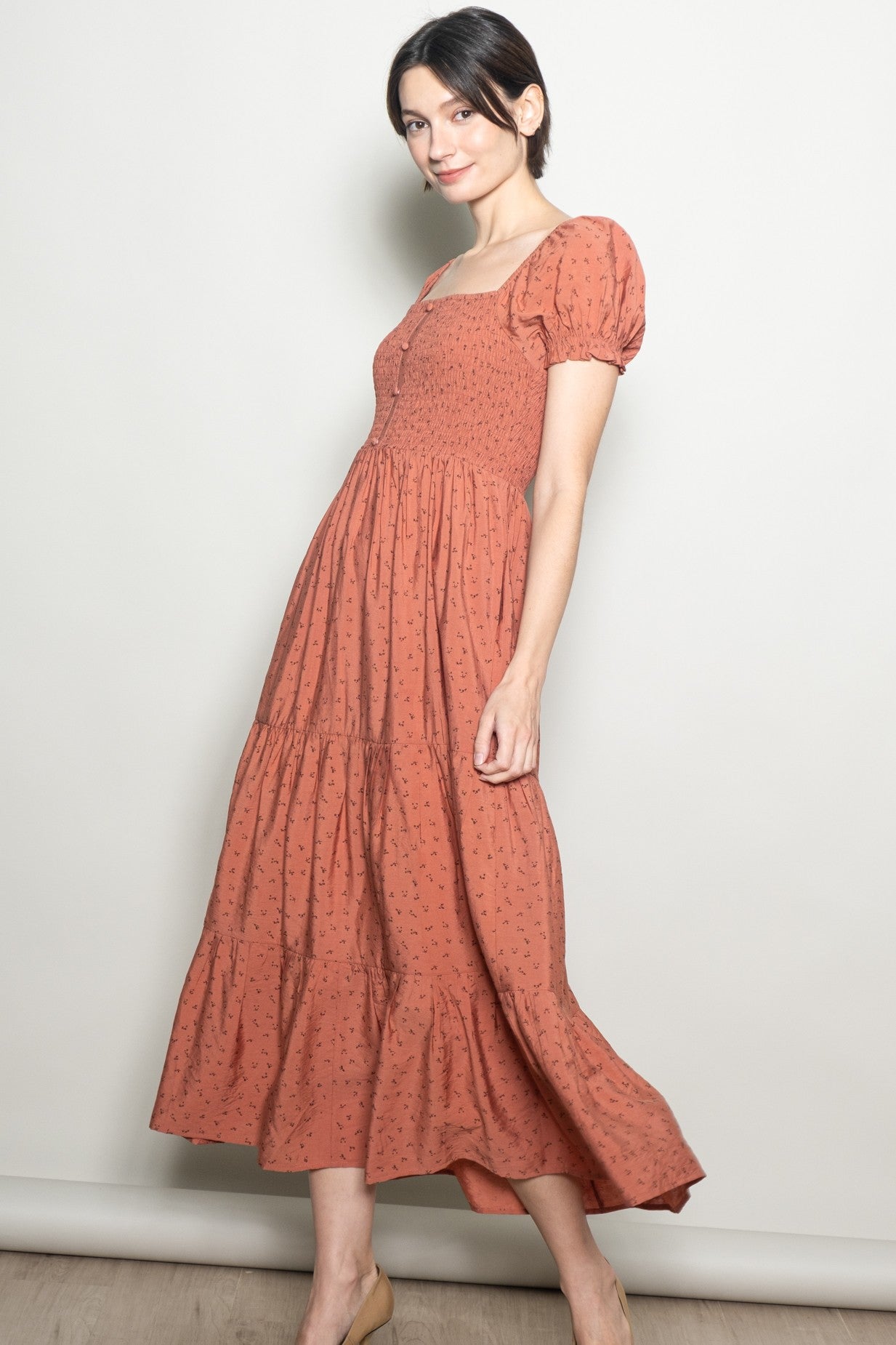 Mauve Tiny Floral Smocked Puff Sleeve Maxi Dress