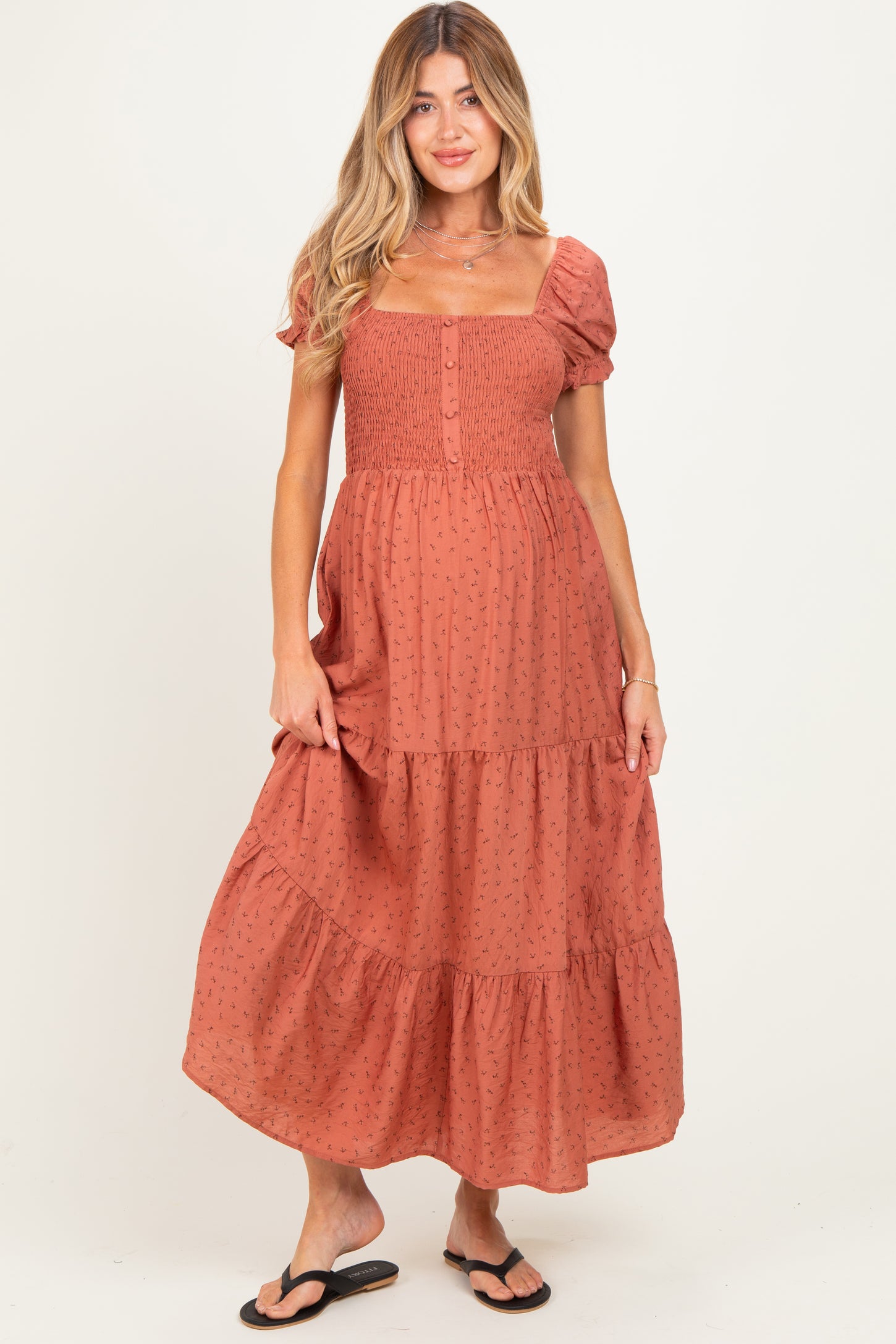Mauve Tiny Floral Smocked Puff Sleeve Maternity Maxi Dress