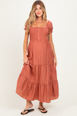 Mauve Tiny Floral Smocked Puff Sleeve Maternity Maxi Dress