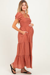 Mauve Tiny Floral Smocked Puff Sleeve Maternity Maxi Dress