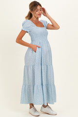 Light Blue Tiny Floral Smocked Puff Sleeve Maternity Maxi Dress