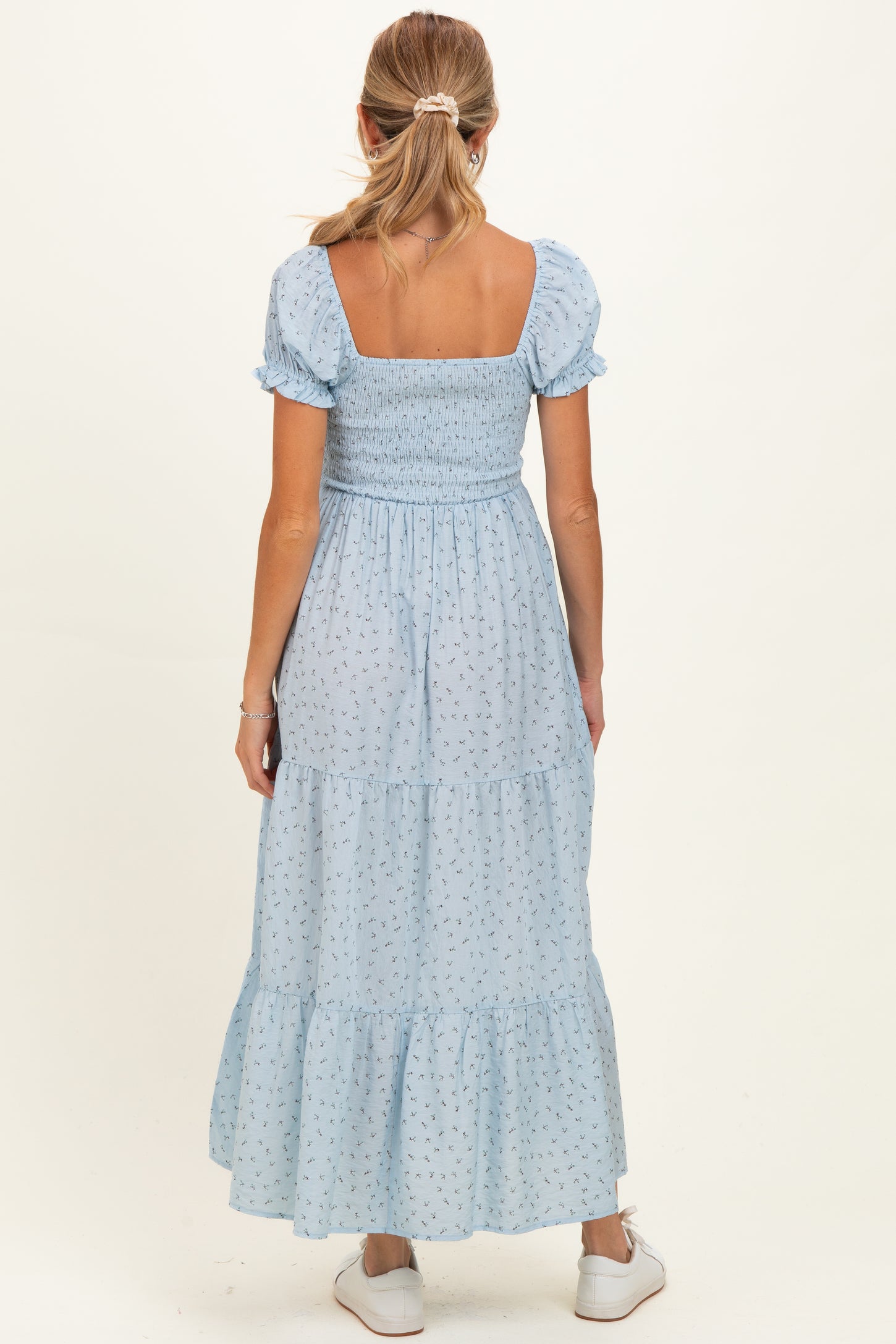 Light Blue Tiny Floral Smocked Puff Sleeve Maternity Maxi Dress