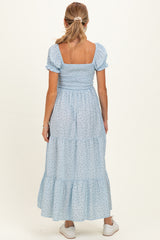 Light Blue Tiny Floral Smocked Puff Sleeve Maternity Maxi Dress