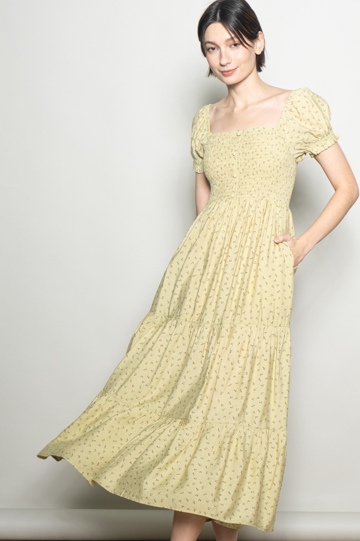 Light Sage Tiny Floral Smocked Puff Sleeve Maxi Dress