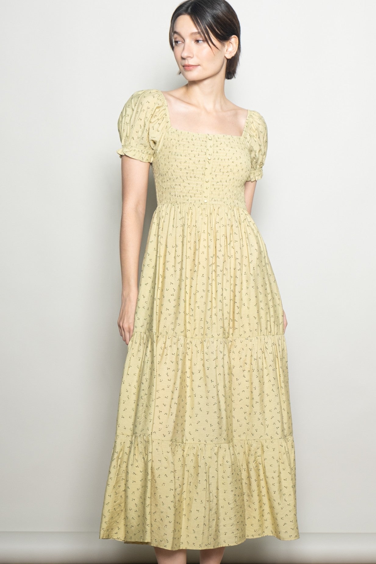 Light Sage Tiny Floral Smocked Puff Sleeve Maxi Dress