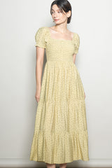 Light Sage Tiny Floral Smocked Puff Sleeve Maxi Dress