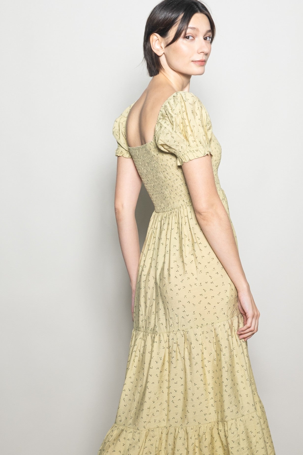Light Sage Tiny Floral Smocked Puff Sleeve Maxi Dress