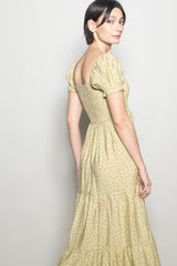 Light Sage Tiny Floral Smocked Puff Sleeve Maxi Dress