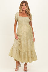 Light Sage Tiny Floral Smocked Puff Sleeve Maternity Maxi Dress