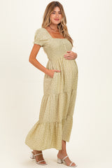 Light Sage Tiny Floral Smocked Puff Sleeve Maternity Maxi Dress