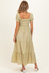 Light Sage Tiny Floral Smocked Puff Sleeve Maternity Maxi Dress