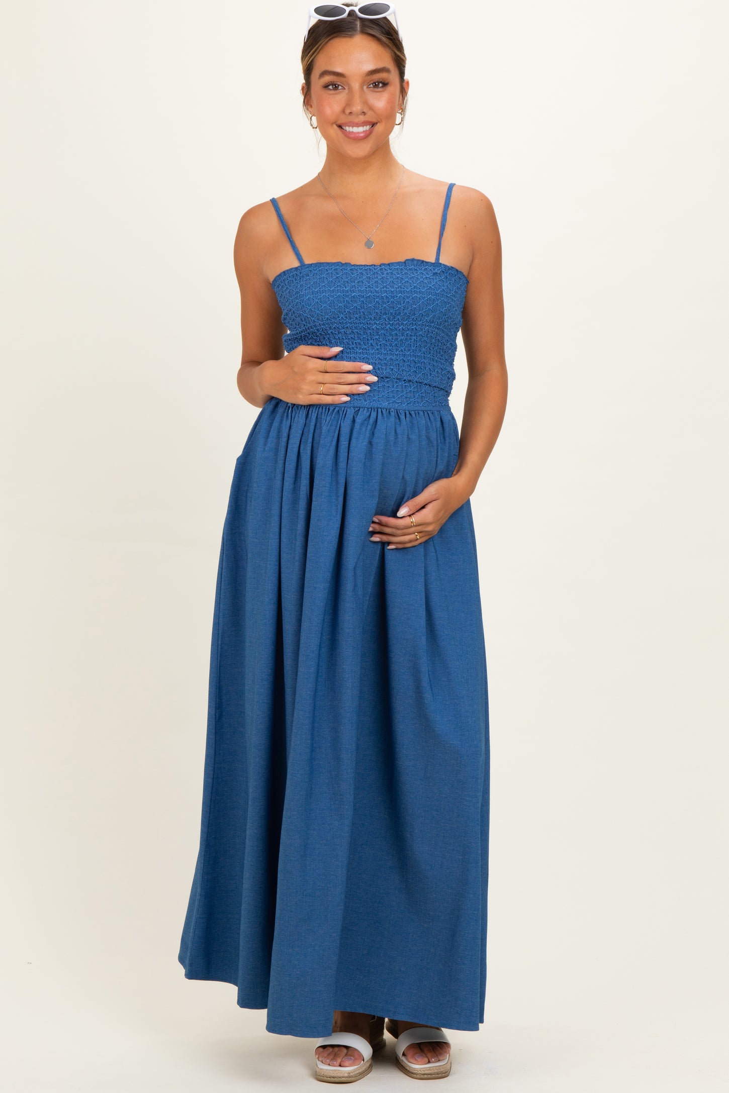 Blue Chambray Smocked Top Maternity Maxi Skirt Set