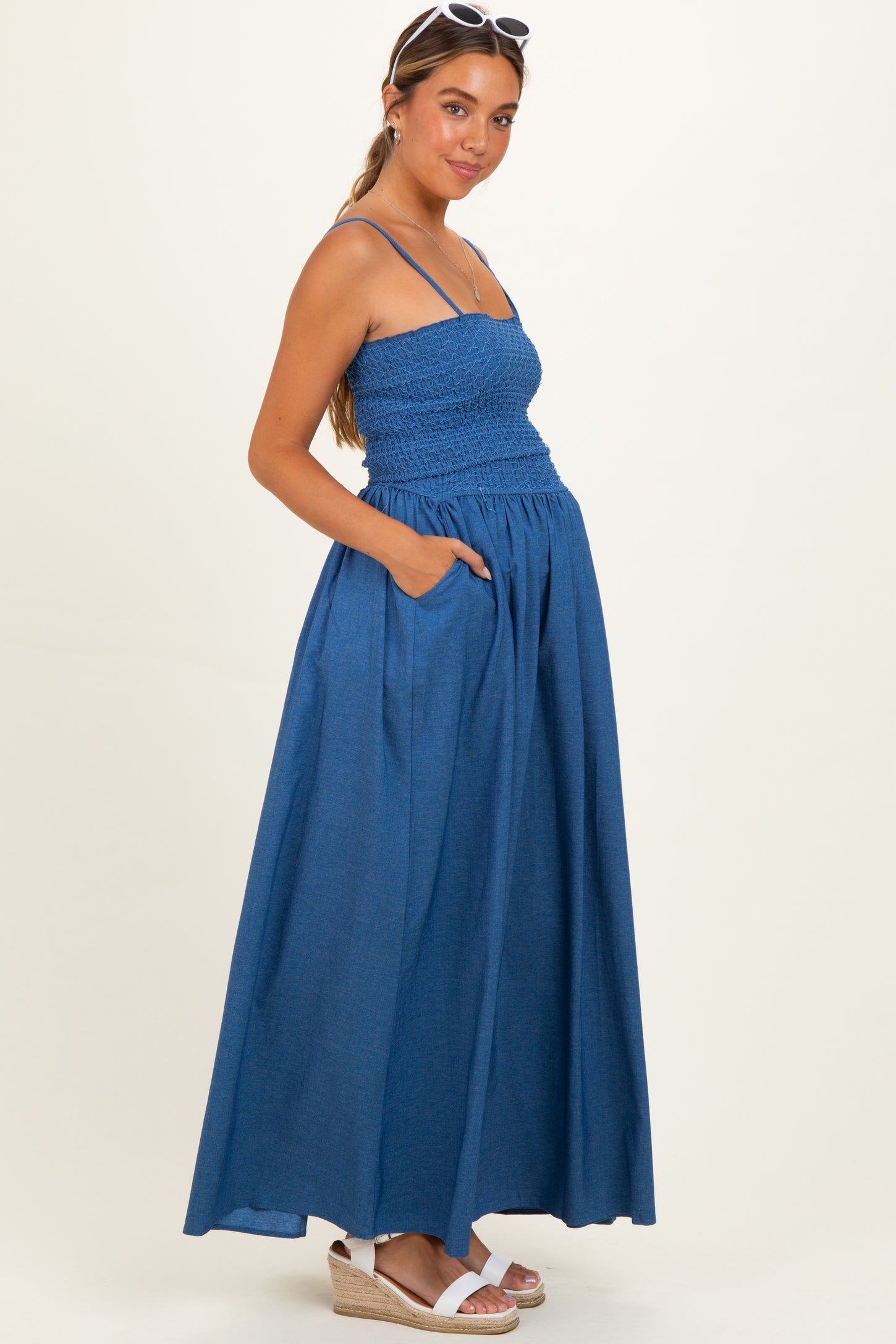 Blue Chambray Smocked Top Maternity Maxi Skirt Set