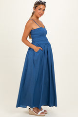 Blue Chambray Smocked Top Maternity Maxi Skirt Set