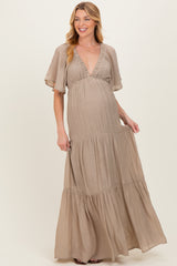Taupe Flutter Sleeve Maternity Maxi Dress