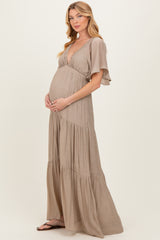 Taupe Flutter Sleeve Maternity Maxi Dress