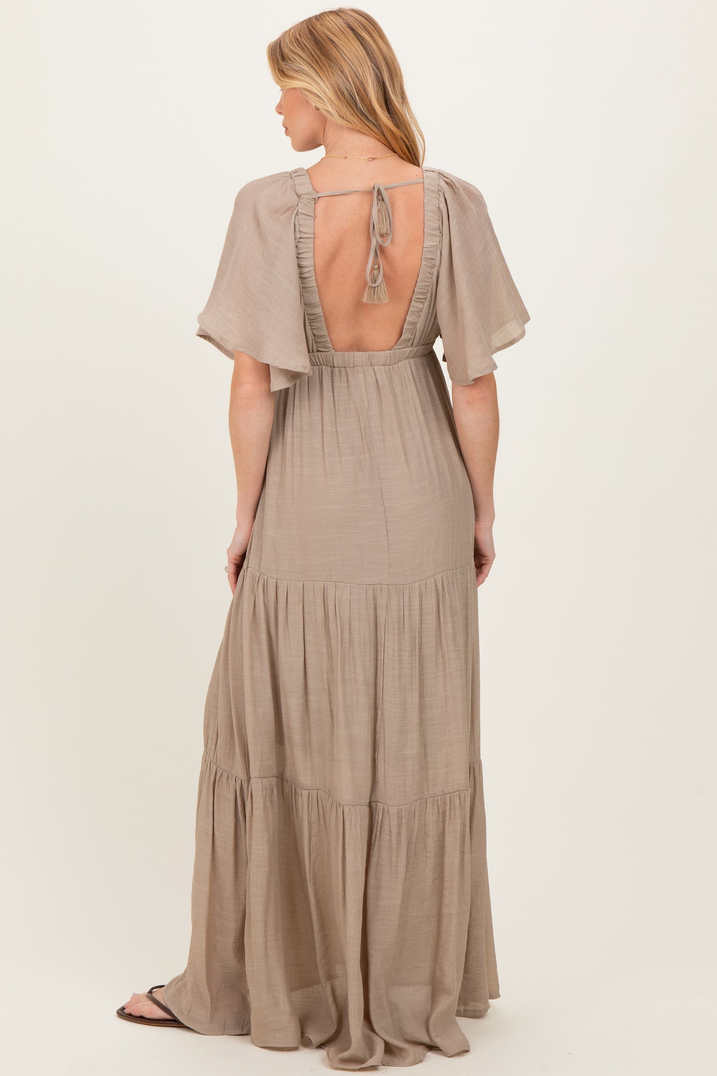 Taupe Flutter Sleeve Maternity Maxi Dress