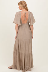 Taupe Flutter Sleeve Maternity Maxi Dress