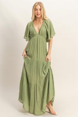 Light Olive Flutter Sleeve Maxi Dress