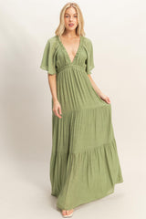 Light Olive Flutter Sleeve Maxi Dress
