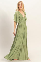 Light Olive Flutter Sleeve Maxi Dress