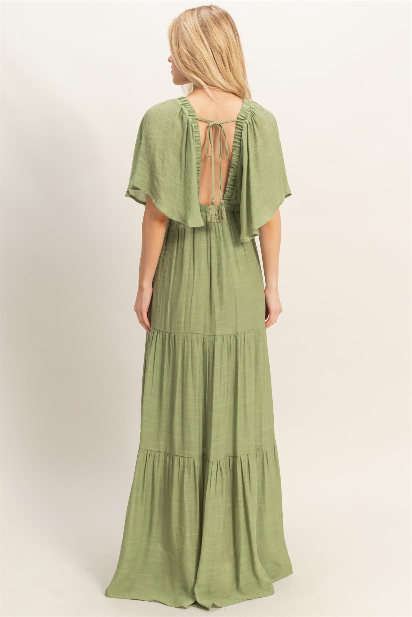 Light Olive Flutter Sleeve Maxi Dress