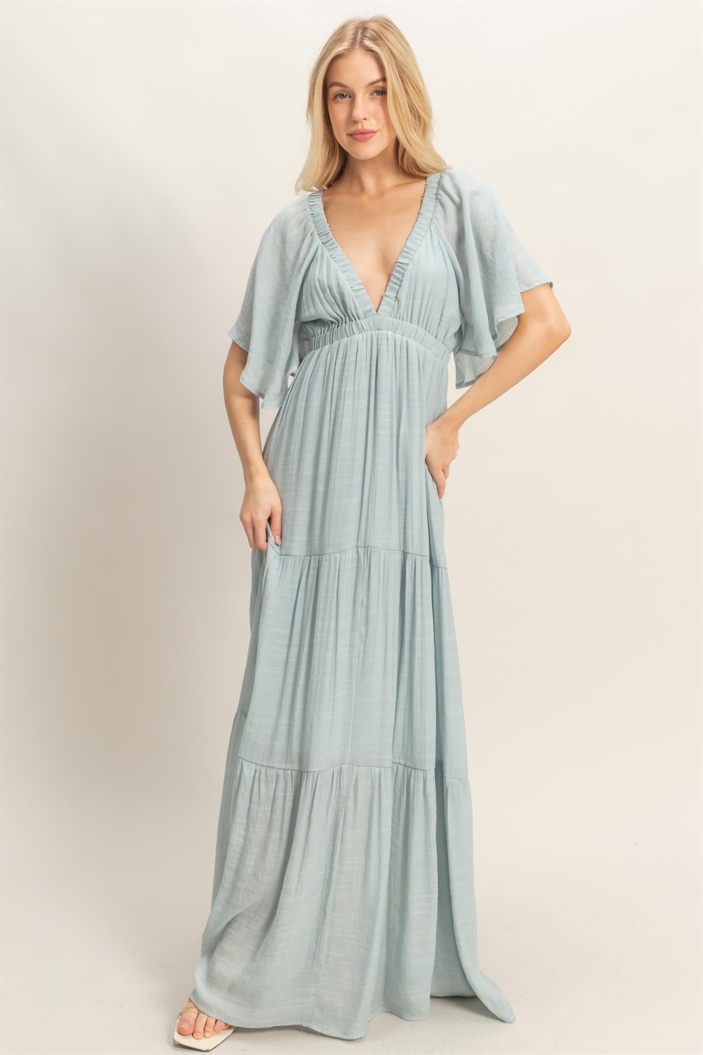Light Blue Flutter Sleeve Maxi Dress