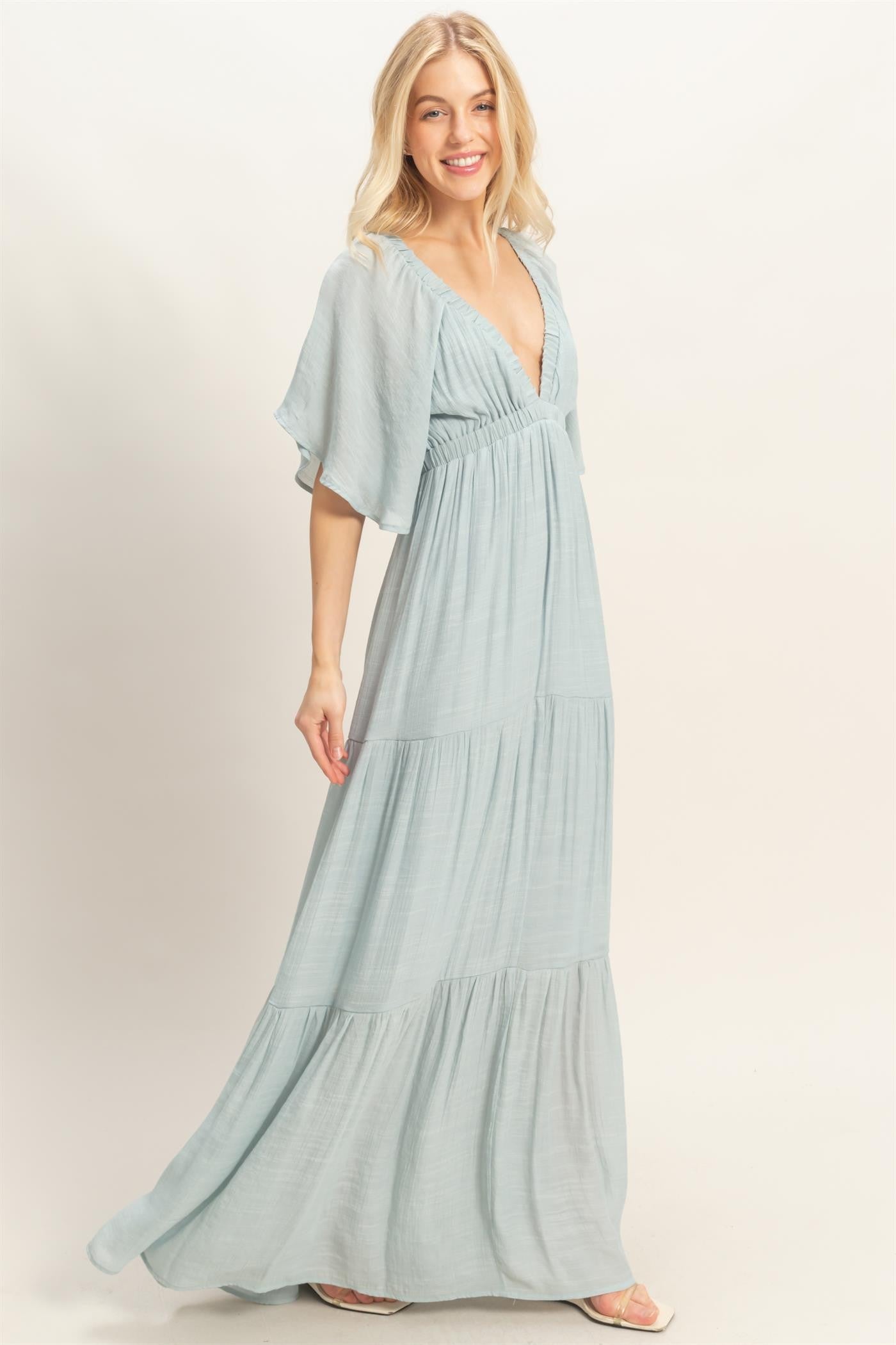 Light Blue Flutter Sleeve Maxi Dress