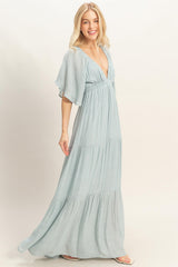 Light Blue Flutter Sleeve Maxi Dress