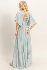 Light Blue Flutter Sleeve Maxi Dress