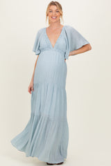 Light Blue Flutter Sleeve Maternity Maxi Dress