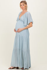 Light Blue Flutter Sleeve Maternity Maxi Dress