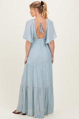 Light Blue Flutter Sleeve Maternity Maxi Dress