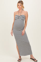 Black Halter Neck Twist Bust Maternity Midi Dress