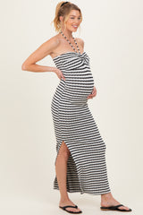 Black Halter Neck Twist Bust Maternity Midi Dress