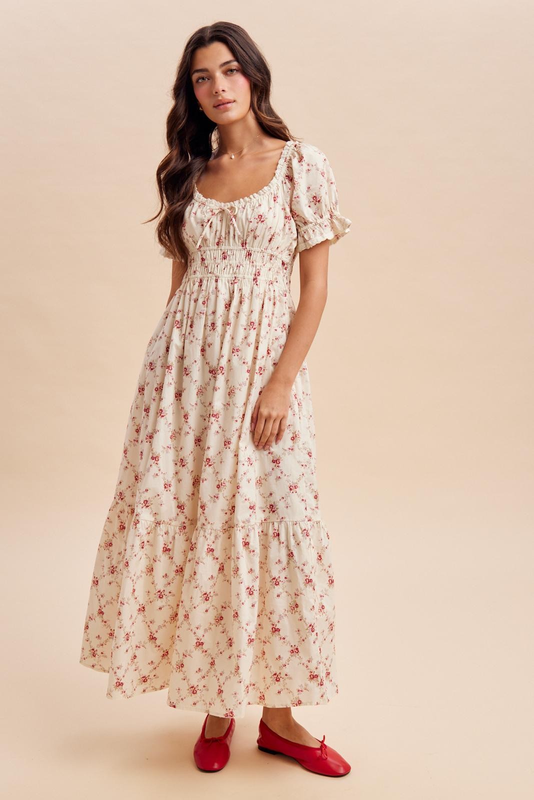 Red Floral Smocked Maternity Maxi Dress
