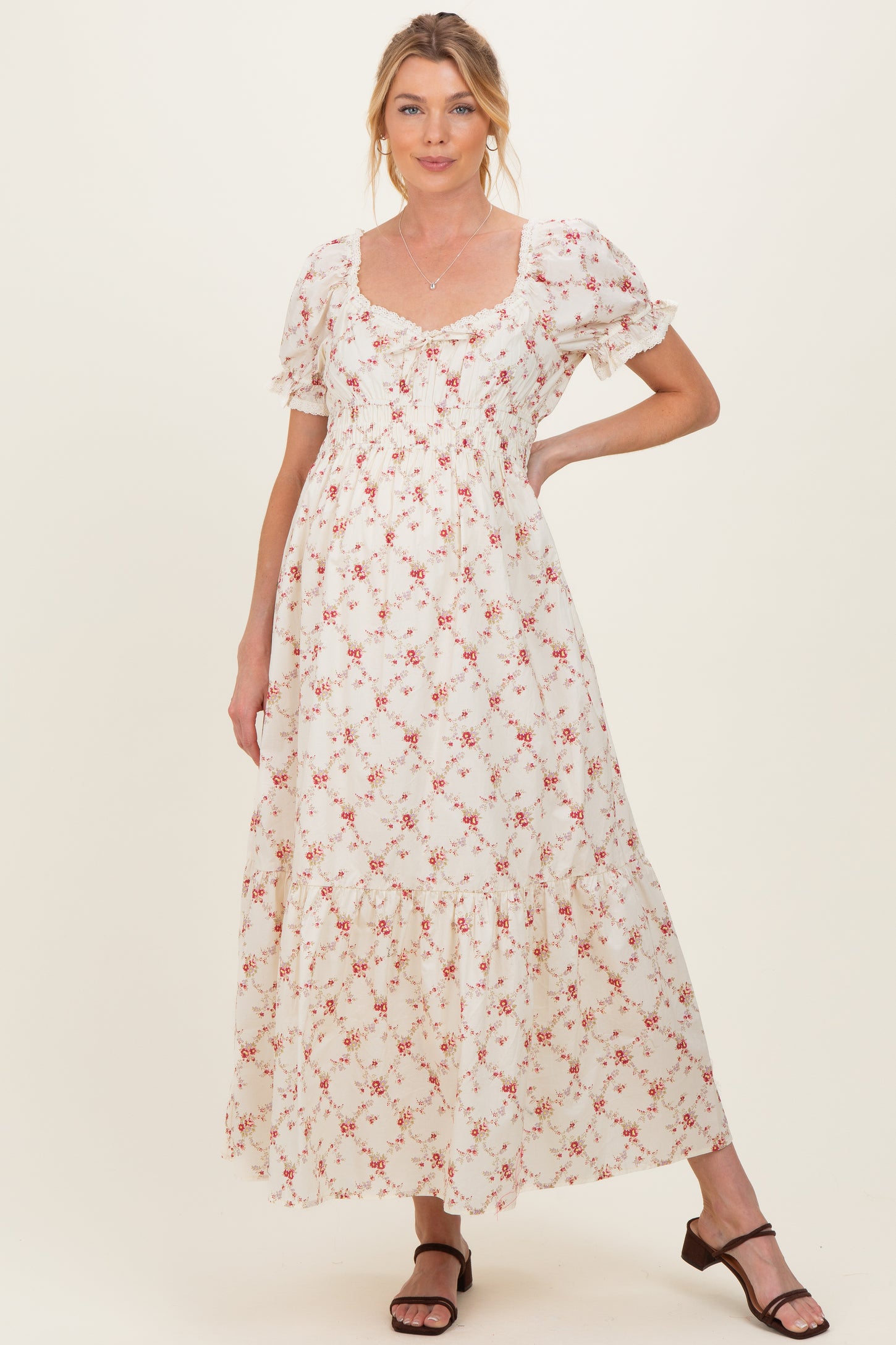 Red Floral Smocked Maternity Maxi Dress