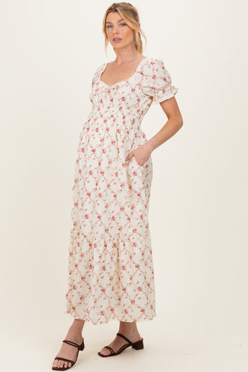 Red Floral Smocked Maternity Maxi Dress