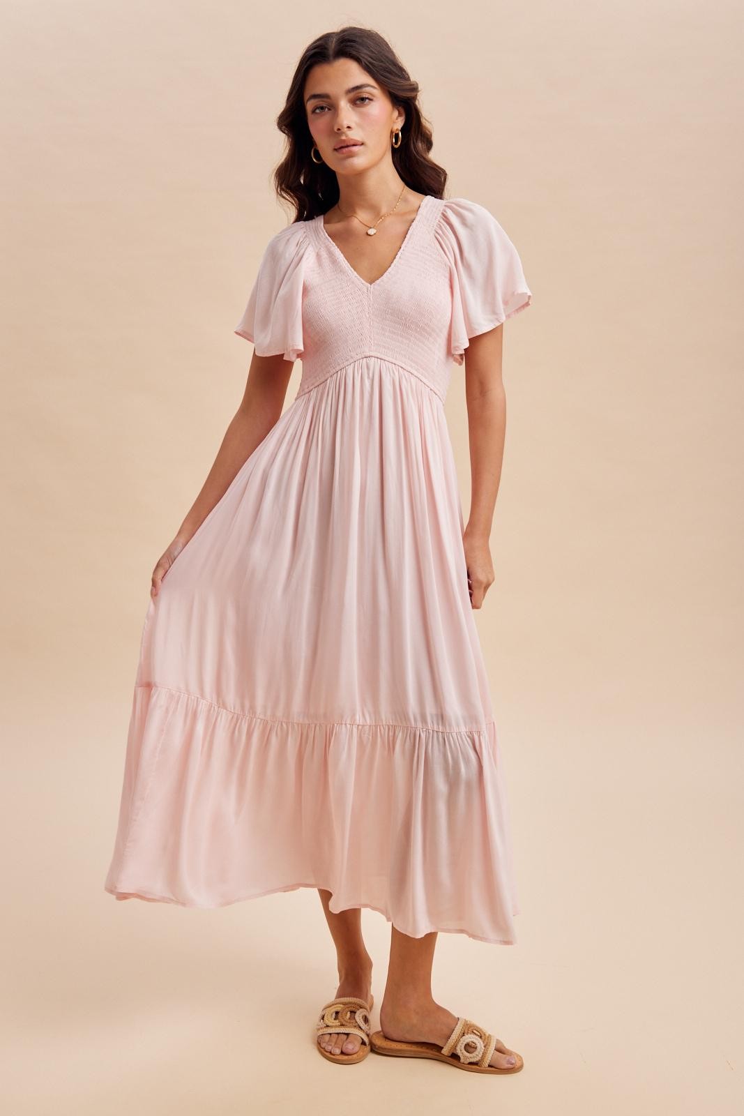 Light Pink Smocked Midi Dress