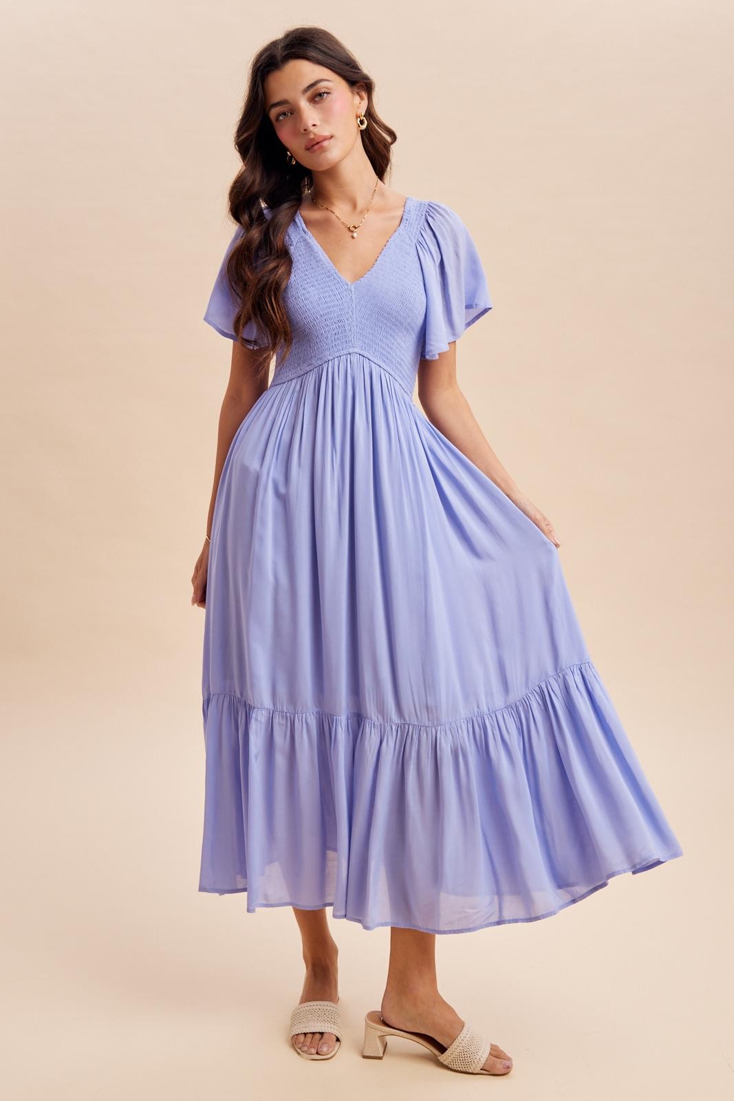 Blue Smocked Midi Dress