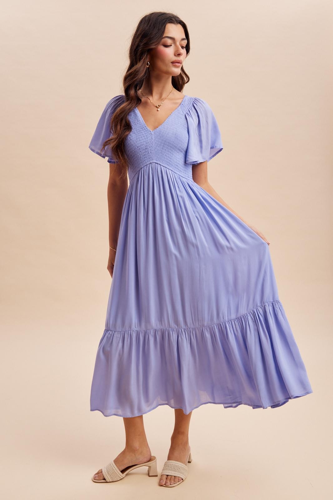 Blue Smocked Midi Dress